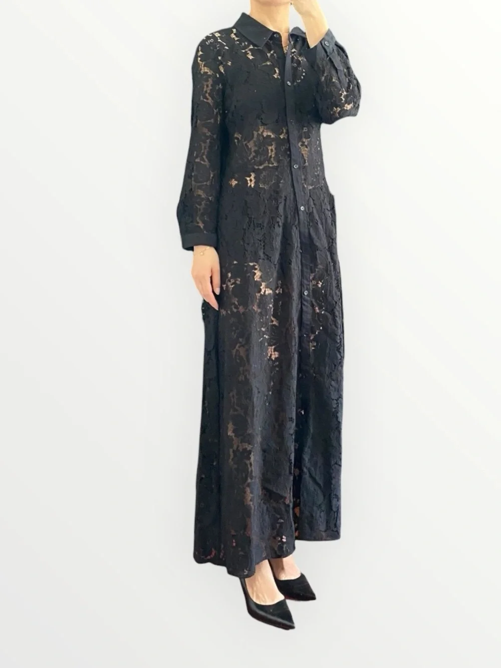 Zara Black Lace Collared Waist Tie Long Dress Size L - Picture 6 of 13